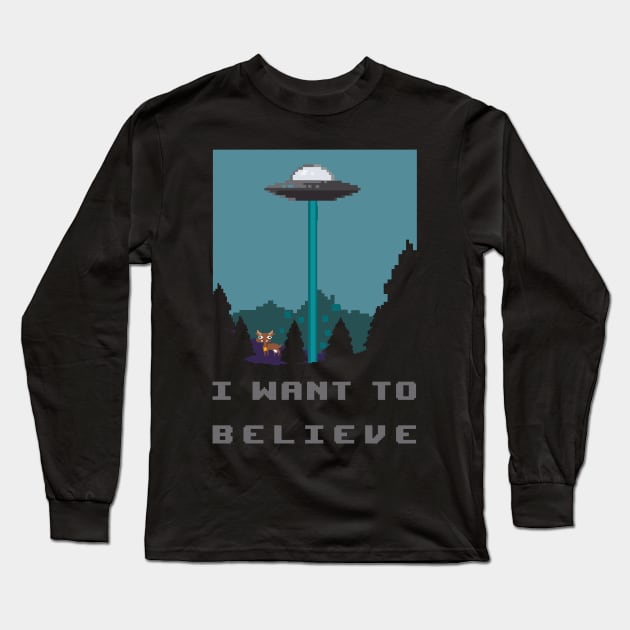 I want to believe - pixelart alien spaceship and cow retro video games Long Sleeve T-Shirt by Quentin1984